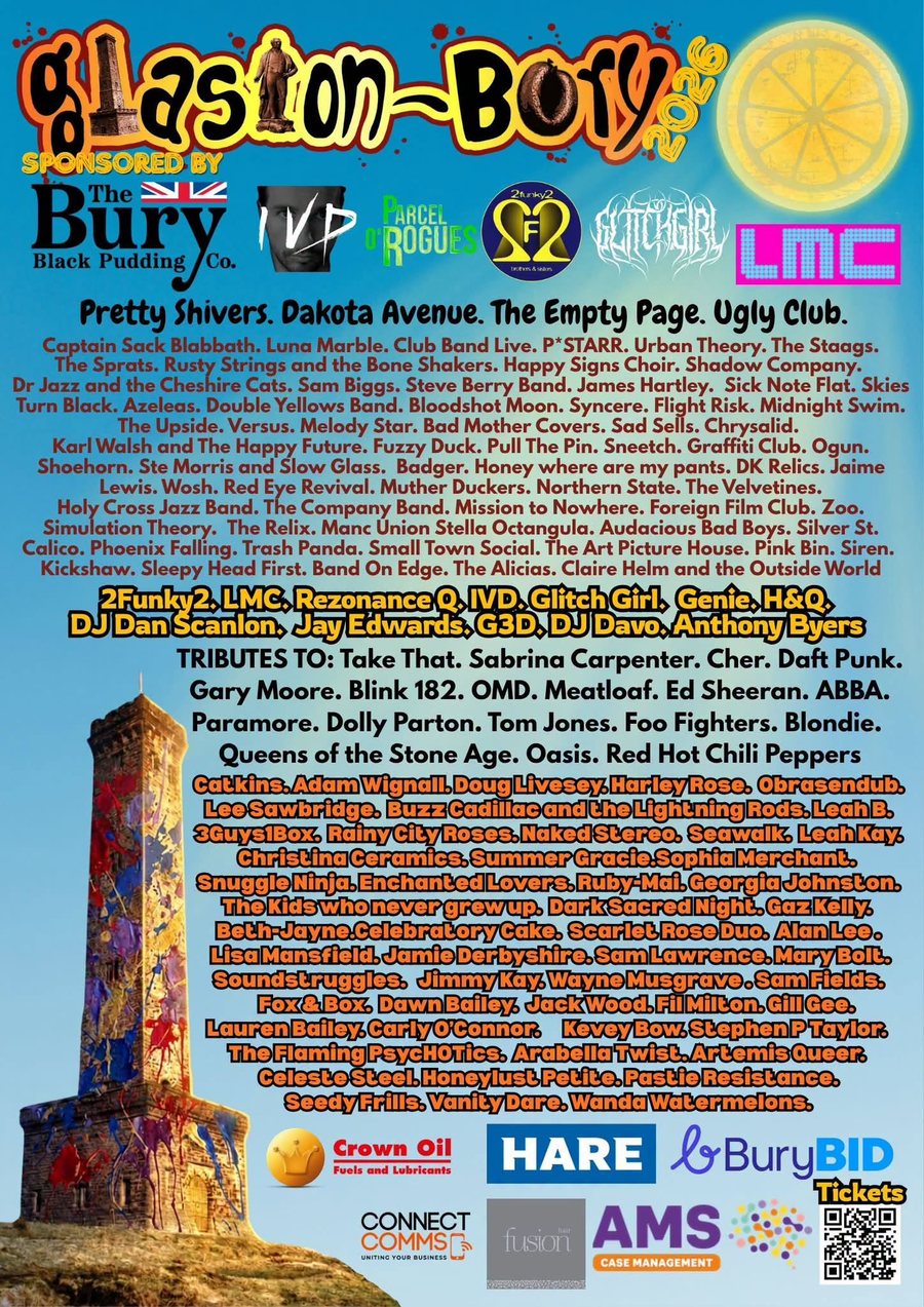 Glaston-BURY 2026 lineup poster — Versus among the full bill, Bury Town Centre, 31 August 2026