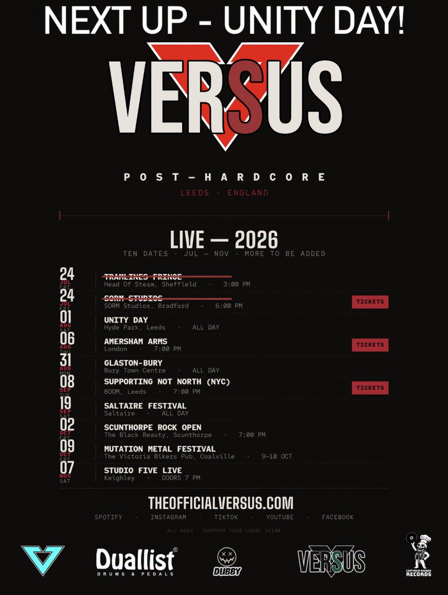 Versus LIVE — 2026 tour poster listing ten tour dates from July to November