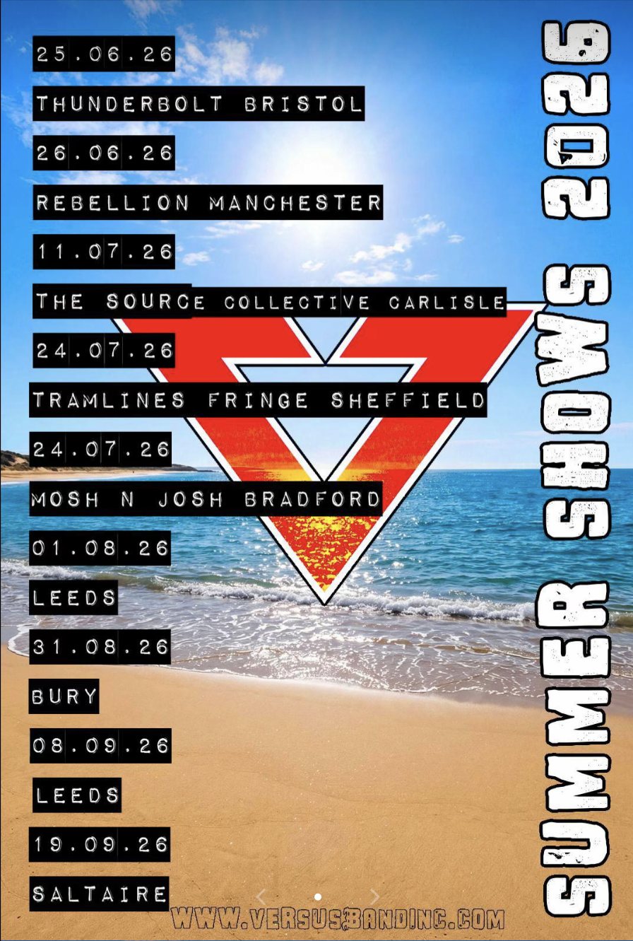 Summer Shows 2026 beach-themed poster listing every Versus tour date from Thunderbolt Bristol through Saltaire