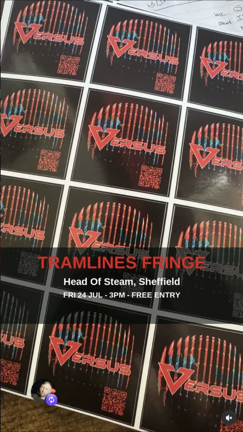 Versus gig stickers with Tramlines Fringe, Head Of Steam, Sheffield show details overlaid